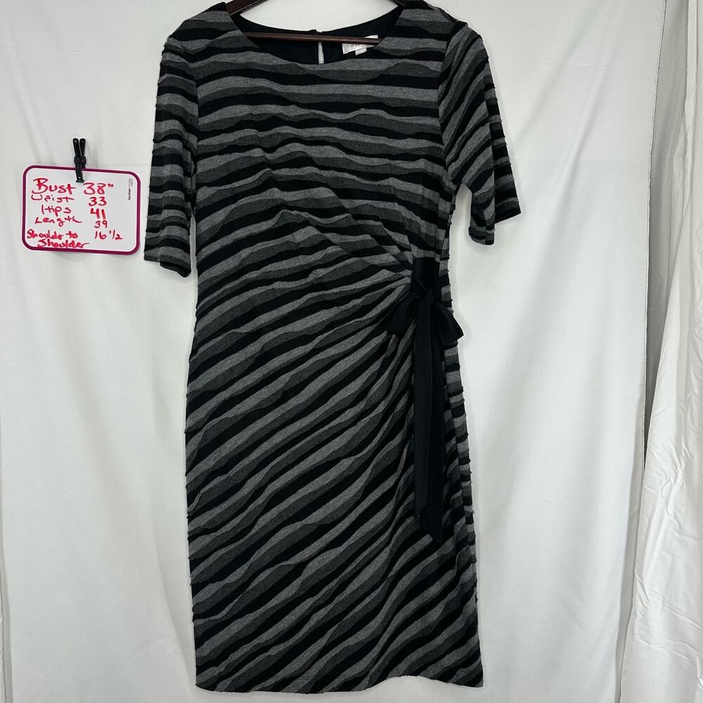 Dress Barn Striped Sheath Dress Black Gray Asymmetrical Rouching 16P Whimsygoth